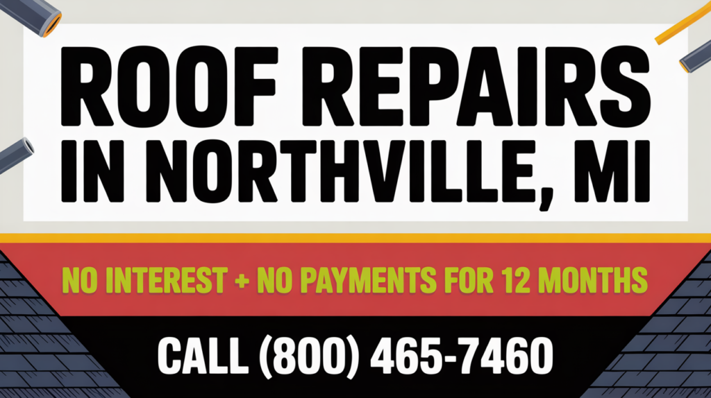 Banner advertising Roof Repairs in Northville, MI. Text reads: No interest + no payments for 12 months. Call (800) 465-7460. Border features shingle and nail graphics, highlighting expert roof repairs in Northville, MI.