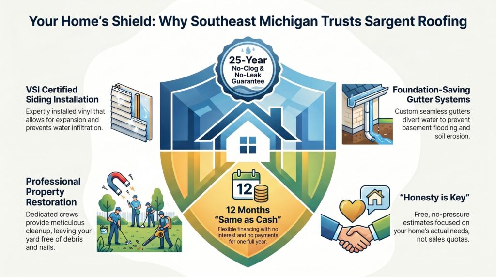 Infographic for Sargent Roofing shows a shield and house, highlighting a 25-year guarantee, no payments for 12 months, and services like Roof Repairs in Northville, MI, siding installation, property restoration, foundation repair, and honest estimates.