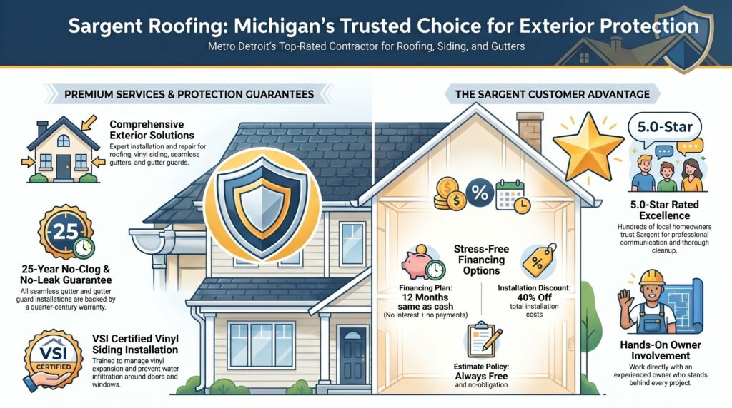 Infographic for Sargent Roofing, a top Roof Repair Company in Northville, MI, showing a house with shield and highlighting premium exterior solutions, warranties, financing, 5-star reviews, hands-on ownership, and VSI-certified vinyl siding installation.