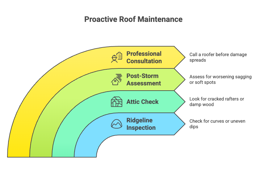 Infographic titled Proactive Roof Maintenance, featuring four curved segments: Professional Consultation, Post-Storm Assessment, Attic Check, and Ridgeline Inspection—essential steps for effective roof repairs in Northville, MI.