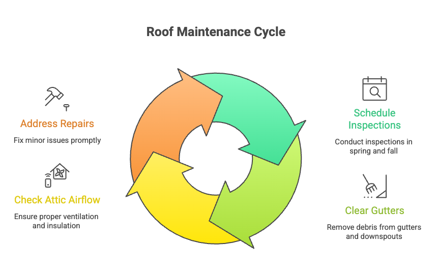 A circular flowchart titled Roof Maintenance Cycle with four labeled steps—Address Repairs, Check Attic Airflow, Schedule Inspections, and Clear Gutters—offers tips and icons. Ideal for any MI homeowner or Roof Repair Company in Northville.