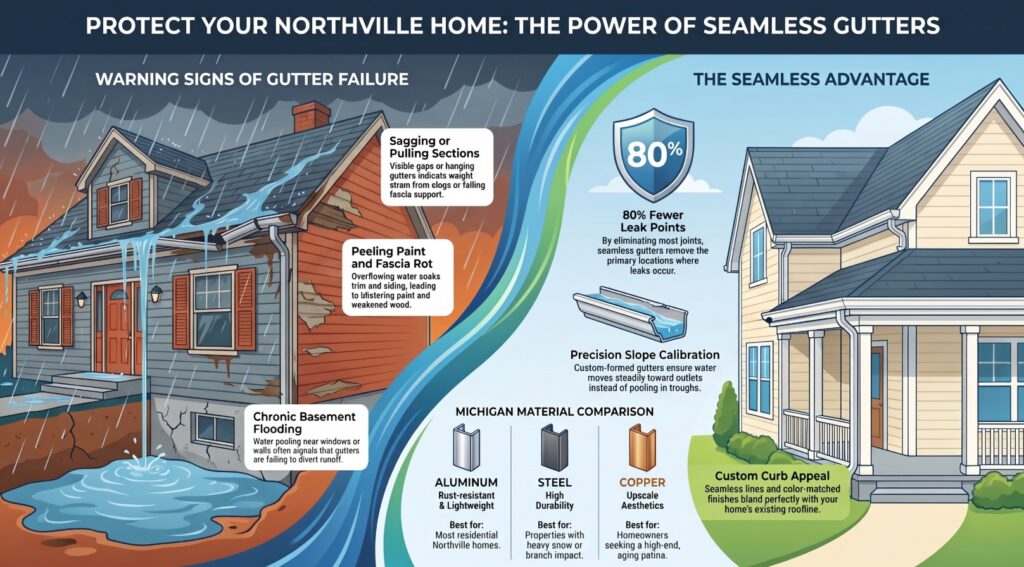 An infographic compares gutter failures to a well-maintained Northville MI home, showing how professional gutter installation results in fewer leak points, greater durability, varied material options, and enhanced curb appeal.