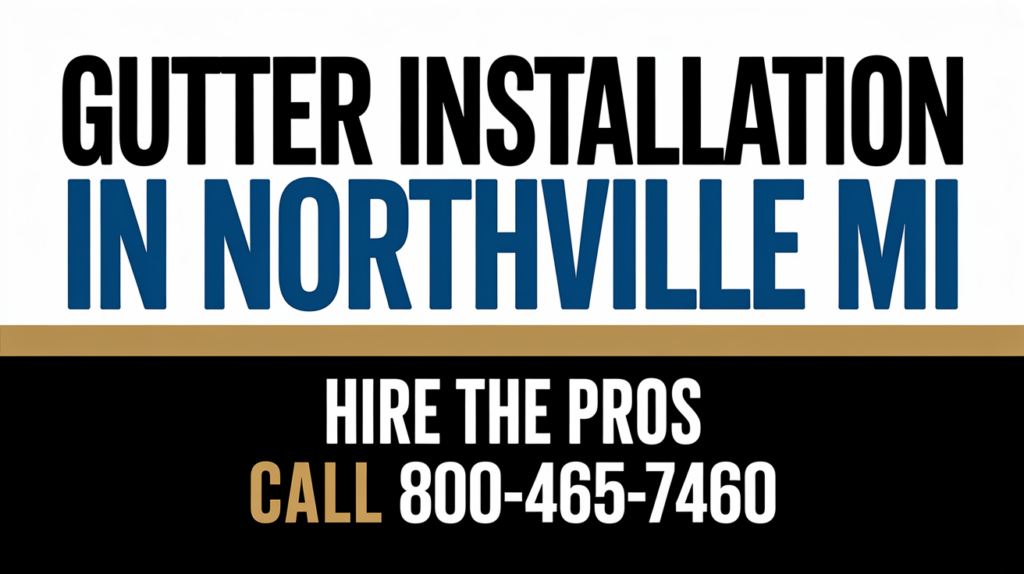Text reading Gutter Installation in Northville MI. Hire the pros. Call 800-465-7460. "Northville MI" and "Call" are highlighted in blue and gold, set against a sleek black and white background for eye-catching appeal.