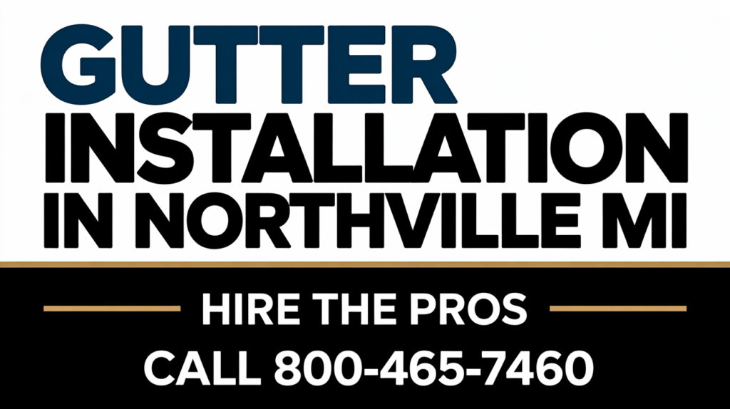 Bold text graphic promotes professional Gutter Installation in Northville MI. Featuring white, blue, gold, and black colors, it urges: "Hire the pros" with phone number 800-465-7460.