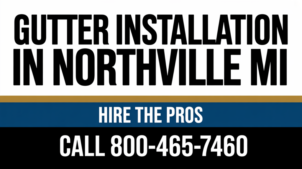 Bold text advertisement for Gutter Installation in Northville MI, with a blue and gold stripe, reads: “Hire the pros. Call 800-465-7460.”.