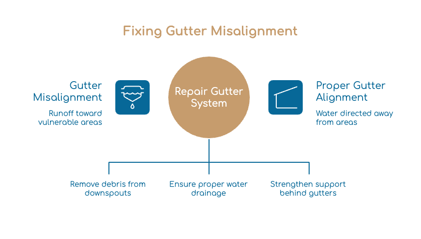 A flowchart titled Fixing Gutter Misalignment illustrates gutter misalignment and runoff issues, a central Repair Gutter System step, and proper alignment directing water away—ideal for those considering gutter installation in Northville MI.