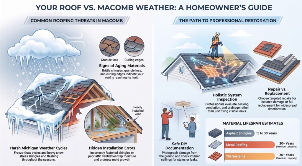 Illustration showing roof damage hazards like ice dams and leaks, plus steps for professional roof restoration by a trusted roofing contractor in Macomb MI, including inspection, repair vs. replacement, and material lifespan estimates for asphalt, metal, and tile roofing.