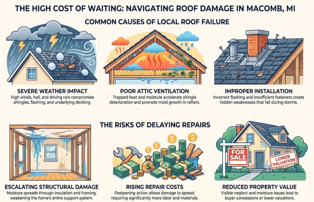 Infographic on roof damage in Macomb, MI, showing weather, ventilation, and installation issues unique to the region. It also highlights the risks of delayed roof repairs—such as structural damage, higher costs, and reduced property value—with related illustrations.