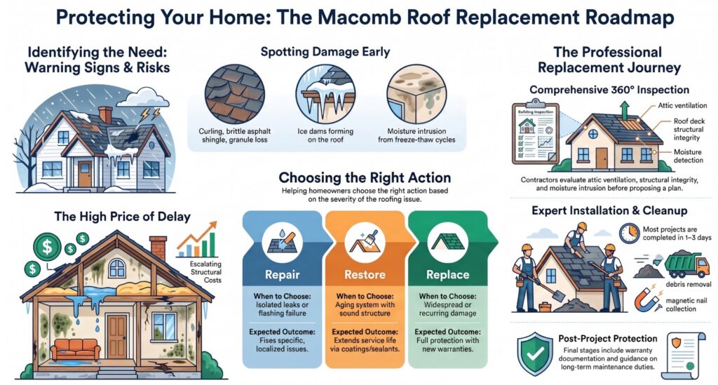 Infographic outlining steps for roof replacement in Macomb MI: spotting damage, choosing repair, restore, or replace based on severity, considering the costs of delay, selecting a trusted contractor for expert installation, and following post-project protection tips. Various icons and illustrations included.
