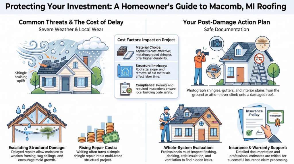 Infographic on Macomb, MI roofing: illustrates storm damage, repair costs, project factors, and post-damage steps like documentation, insurance, and structural evaluation for homeowners—essential information for those seeking experienced roofers in the Macomb MI area.