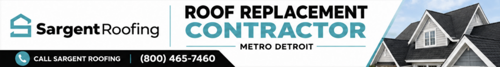 Banner for Sargent Roofing advertising expert roof replacement contractor services in Metro Detroit, with phone number (800) 465-7460 and a photo of a house roof with gray shingles.