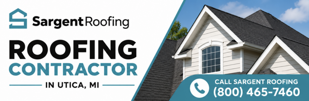 Sargent Roofing ad featuring a house roof, company logo, and the text: Trusted Roofing Contractor in Utica, MI. Includes phone number: (800) 465-7460 and a call icon.