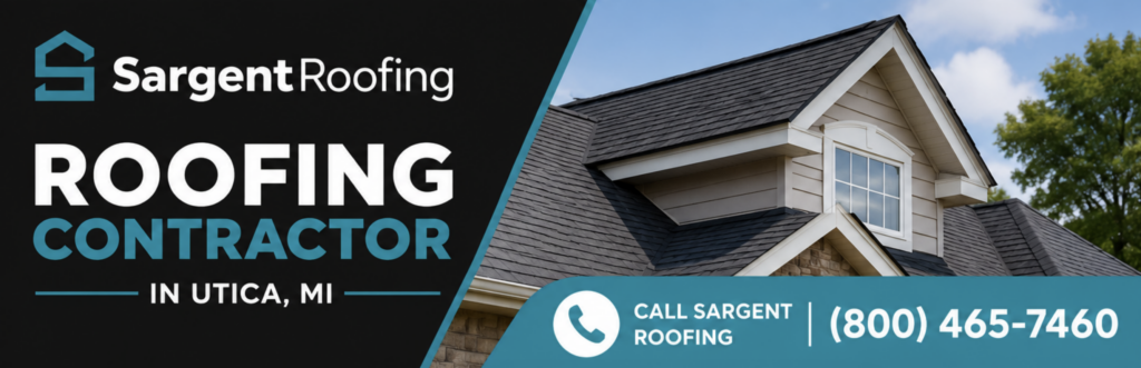 Sargent Roofing ad featuring a house roof, company logo, and bold text: ROOFING CONTRACTOR IN UTICA, MI. As your trusted roofing contractor in Utica, MI, we’re just a call away—phone number and call icon at the bottom: (800) 465-7460.