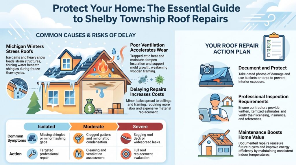 Infographic showing roof damage causes, risks of repair delays, and action tips for Shelby Township, MI. Illustrations include a damaged house, checklist, and icons for storms, debris, and roof repairs.