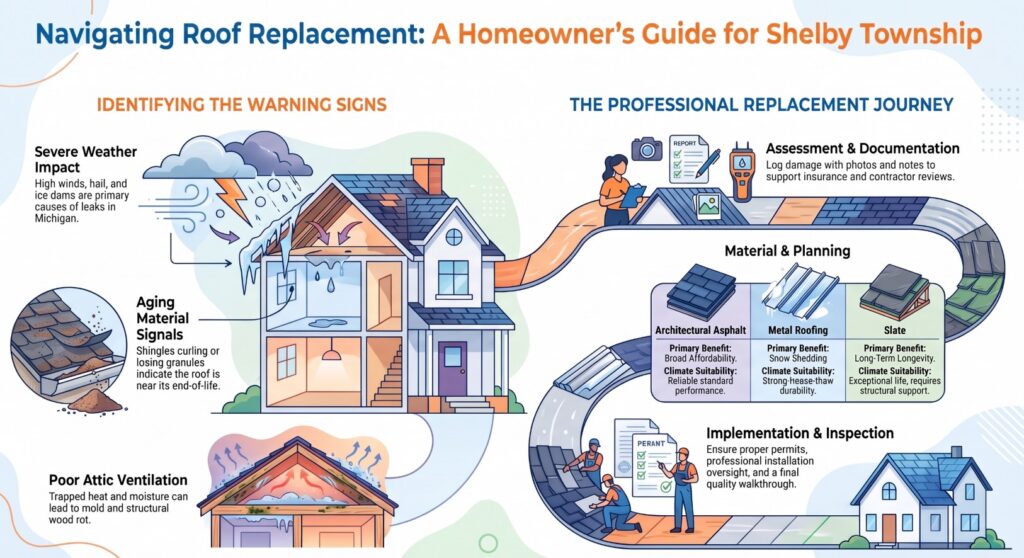 Illustrated guide shows Shelby Township MI roof replacement steps: identifying damage, assessing, planning, and inspection. Includes images of houses, shingles, contractors, and people working on roofs.