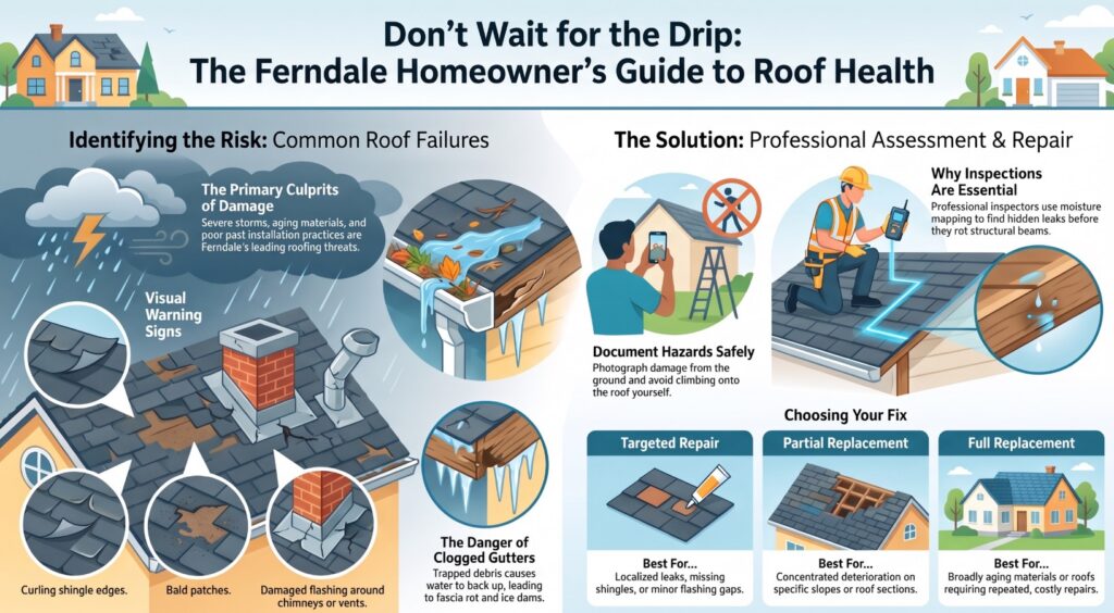 Infographic on roof health shows causes of roof failures, visual warning signs, clogged gutters, and repair solutions in Ferndale MI, highlighting the importance of professional roof repairs and inspections.