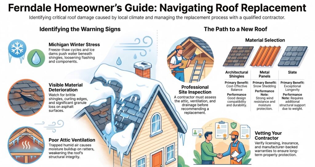 Illustrated guide to roof replacement in Ferndale MI: spot warning signs like winter stress and poor ventilation, plus tips for inspection, material choices, and contractor vetting. House shows various types of roof damage.